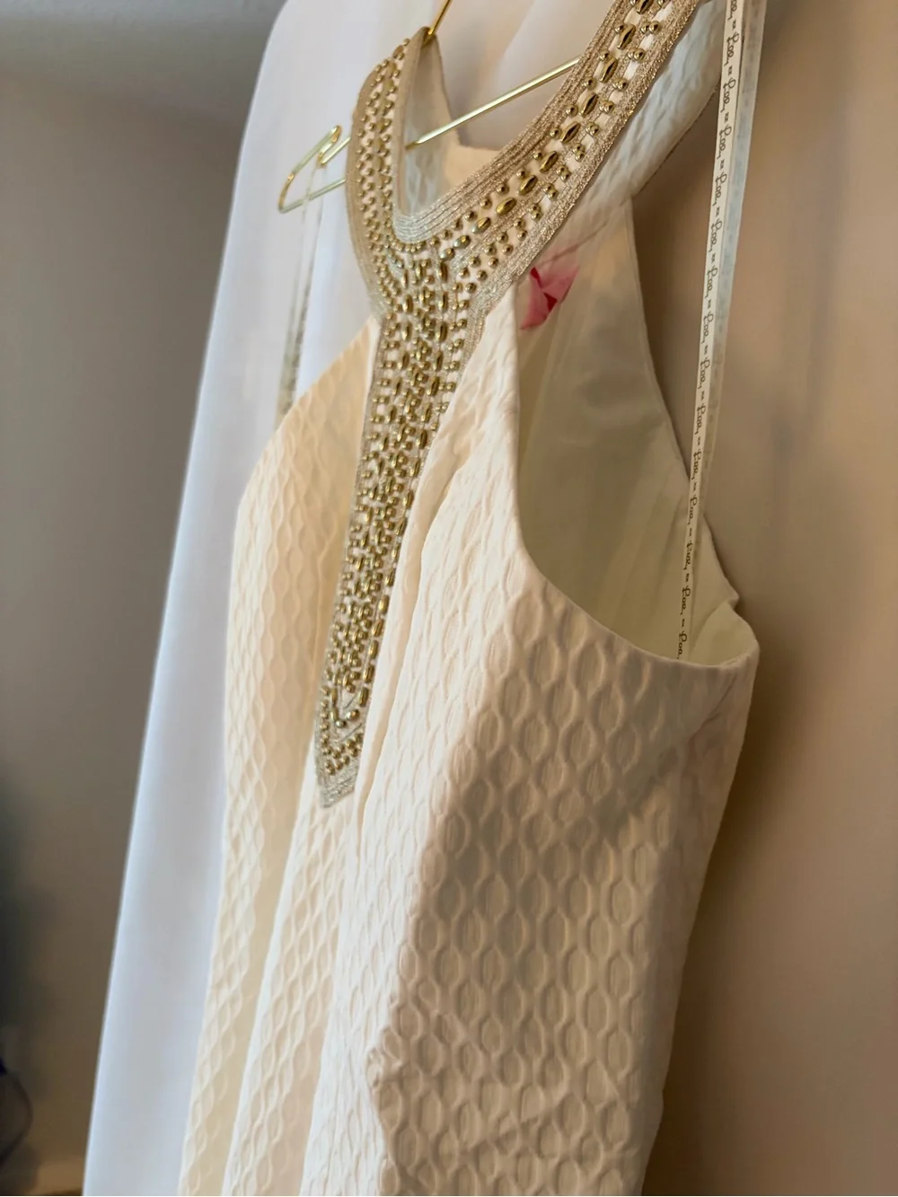Lilly Pulitzer Cream Textured Shift Dress with Gold Embellished Neckline - Picture 16 of 16